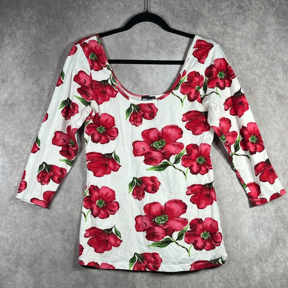 Wet Seal Top Womens Size XL White Red Floral Scoop Neck 3/4 Sleeves Casual Y2K